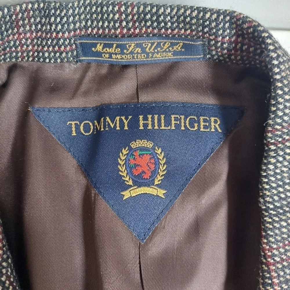 Tommy Hilfiger Brown Red Houndstooth Vintage Blazer Coat Men Size‎ 41 L USA